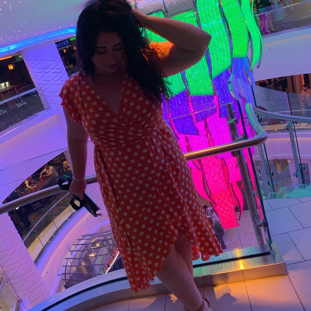 Orange polka dot midi dress